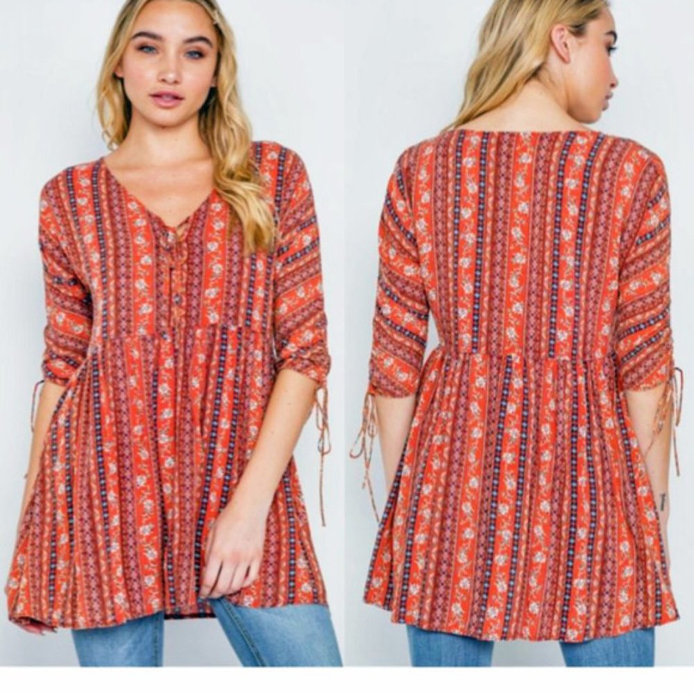 Boho Print Shirred Waist tunic top last 1 size sm!